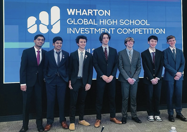 Wreckers Wealth Management team members Andrew Rebello ’25, Alex Sod ’25, Srish Popuri ’25 and Mack Haymond ’25 pose with their second place awards from the Wharton Global High School Investment Competition.