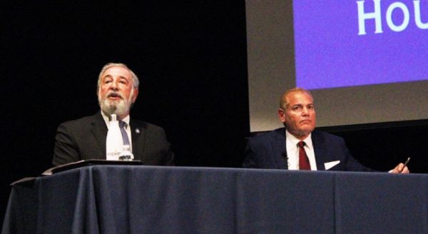 Incumbent Democrat Jonathan Steinberg and challenger Republican John Bolton debate at Greens Farms Academy on Oct. 17.