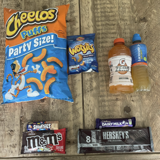 Poppy Harrington ’25 and Ella Harrington ’25 compare Irish Snack from Peggy’s Cottage and American snacks from Stop and Shop, both of which are located on Post Road East. The American snacks are placed on the left and bottom while the Irish snacks are placed on the right and top. 