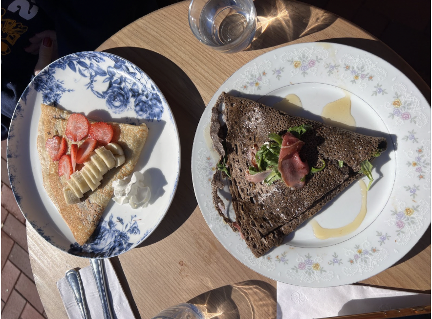 Choupette serves both sweet and savory crepes. Two popular crepes are the Classique (left) with nutella, strawberries and bananas; and the Choupette (right) with fig, arugula, prosciutto and goat cheese. 
