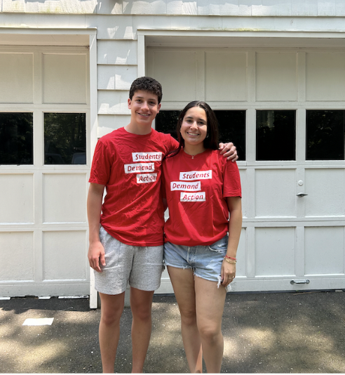 Aidan Lapatine ’26 (left) and Logan Noorily ’25 (right) co-lead Staples’ Students Demand Action chapter, aiming to educate the greater Westport community about gun violence.

